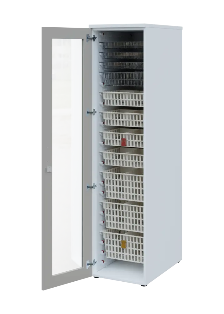 EUROMEDICA S - 46 skříň léková boxová, 1-dveřová/prosklená, levá, 1950x460x735, korpus bílý, dvířka šedá